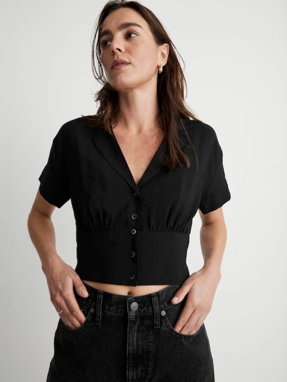 Madewell Drapey Banded Bottom Button Down Top L Cropped Collared Blouse